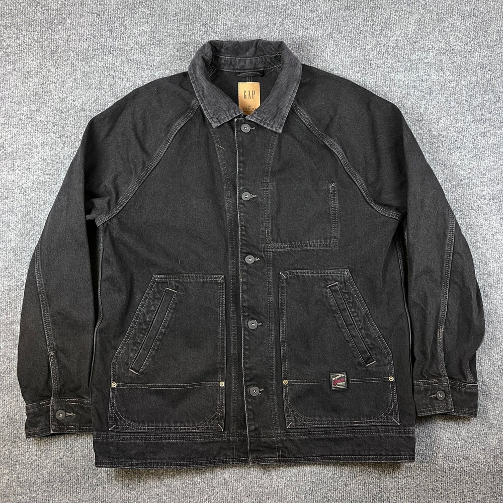 Gap Denim Chore Jacket Mens M Black Barn Corduroy Collar Workwear Field Coat